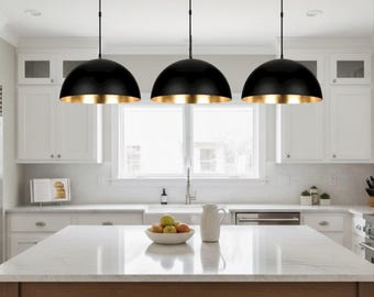 Set of 3 Black Brass Dome Pendant Lights – Handmade Moroccan Ceiling Lamps – Adjustable Cord & Chain – Kitchen, Dining Room, Living Room