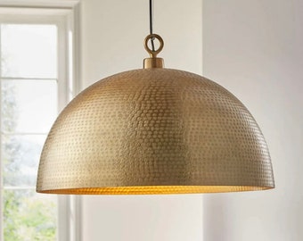 Hammered Brass Dome Light Fixture – Solid Brass Pendant Lamp – Moroccan Ceiling Lighting for Kitchen, Dining Room, Living Room
