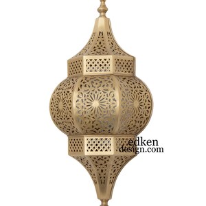 May include: A gold metal wall sconce with intricate cut-out designs. The sconce has a round, bulbous shape with a pointed top and bottom.