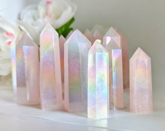 Aura Rose Quartz Towers ~ Aura Rose Quartz Points ~ Rainbow Aura Quartz ~ Stone of Love ~ Rose Quartz ~ Metaphysical Crystal