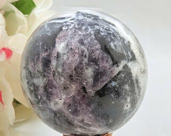 Snowflake Fluorite Sphere: Druzy Scolecite Inclusions, Rainbow Fluorite