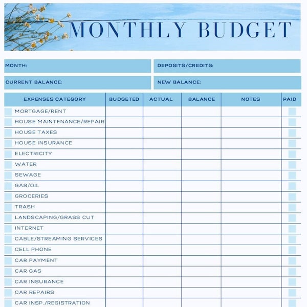 PRINTABLE PDF Monthly Expense Tracker Sheet | Bill Tracker | Personal Finance| Budget Template | Blue| Budget Planner | Budget
