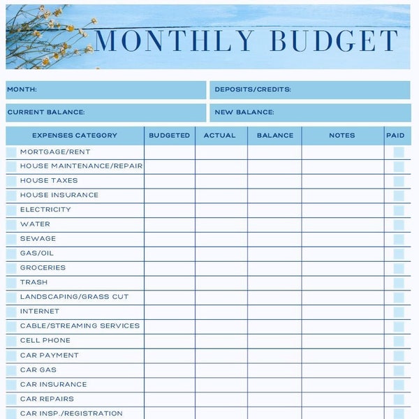 PRINTABLE PDF Monthly Expense Tracker Sheet | Bill Tracker | Personal Finance| Budget Template | Blue| Budget Planner | Budget