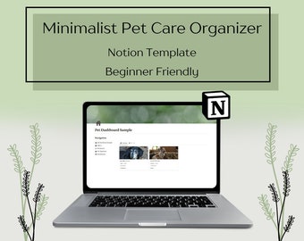 Plantilla de Notion para el cuidado de mascotas, plantilla de organizador de mascotas, plantilla minimalista, diseño simple, seguimiento de hábitos de mascotas, seguimiento de medicamentos, diario