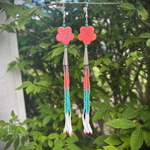 Hibiscus Purple/Peach/Teal Dentalliun Cone Dangle Beaded Earrings.