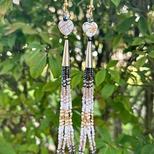 4” 1/2 Gold/Cream Heart Cone Beaded Dangle Earrings (Black, Gray, White, Gold)