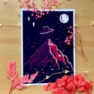 UFO Mountain Linocut Print A5 | Flying Saucer | Lino Print | Art Print