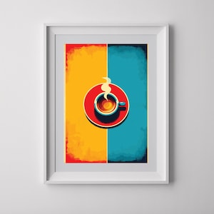 May include: A framed art print featuring a stylized coffee cup on a red saucer. The background is split vertically, with a yellow section on the left and a blue section on the right. Steam rises from the coffee cup, suggesting it is hot.