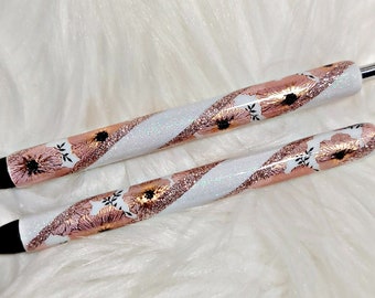 Rosegold Flower Pen. Glitter Pens. Rosegold Epoxy Pens. Resin Pens. Teacher Gifts. Graduation Gift. Mother's Day Gift. Custom Glitter Pens.