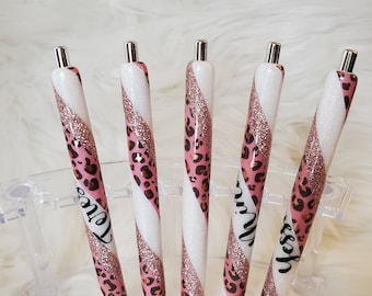 Rose Gold Leopard Print Glitter Pens / Custom Glitter Pens / Personalized Gel Pens / Customized Gifts / Personalized Gifts