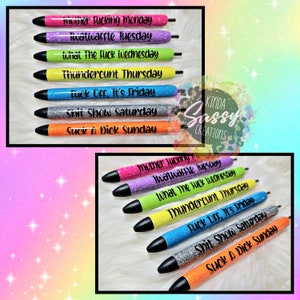 Glitter Pens. Days Of The Week Pens. Cuss Word Pens. Gel Pens. Set Of 7.