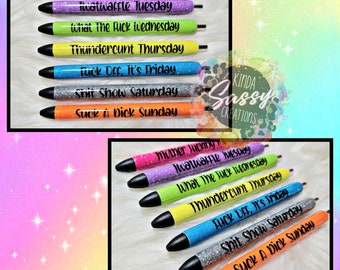 Glitter Pens. Days Of The Week Pens. Cuss Word Pens. Gel Pens. Set Of 7.