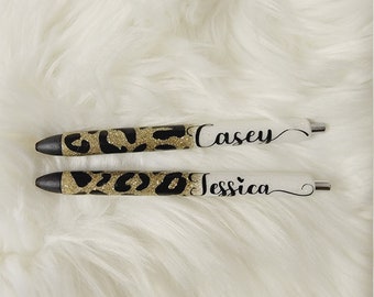 Gold and White Leopard Pens. Glitter Pens. Custom Glitter Pens.