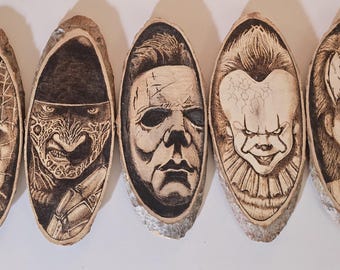 classic horror character pyography coaster set