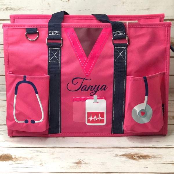 Nurse Tote Personalized, Zippered Caddy Organizer Tote Bag, Nurse Gifts, Canvas Tote Bag, Embroidered Nurse Bag, Medical Tote, Monogram Bag