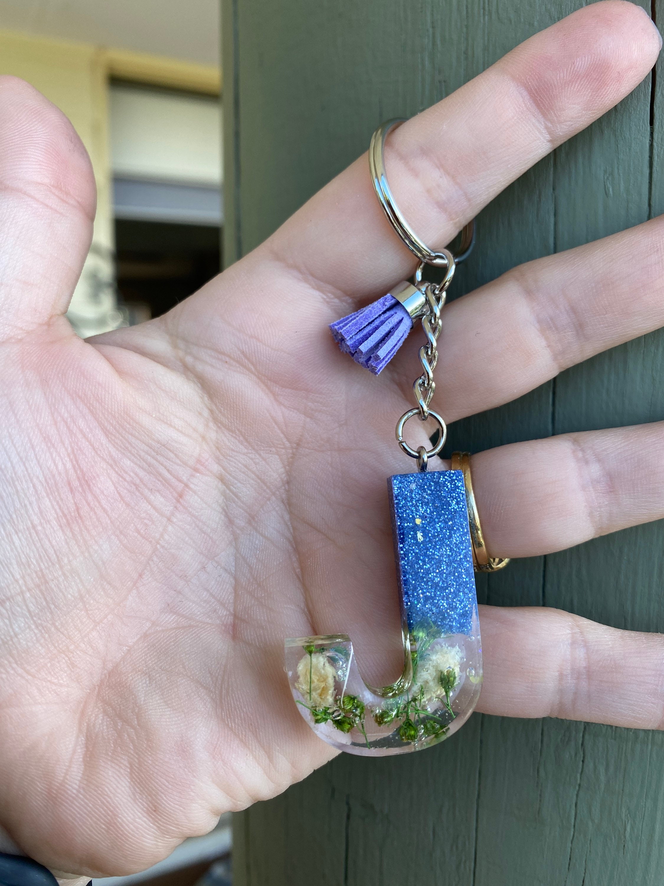 Letter Keyring with glitter and dried flowers Etsy