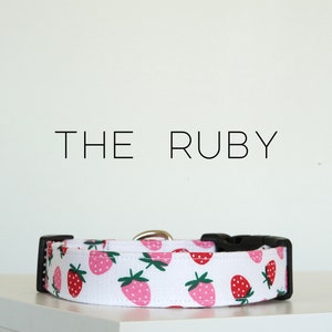 Cute Strawberry Summer Dog Collar, Pink Berry Fruit Print Pet Collar &quot;The Ruby&quot;