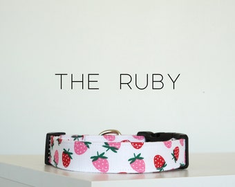 Cute Strawberry Summer Dog Collar, Pink Berry Fruit Print Pet Collar "The Ruby"