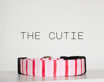 Sweet Valentine's Day Dog Collar, Cute Pink And Red Striped Pet Collar "The Cutie"