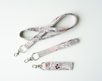 Cute Floral Flower Keychain, Gray Handmade Cotton Lanyard &quot;The Bella&quot;