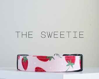 Cute Strawberry Summer Dog Collar, Pink Berry Cotton Dog Collar "The Sweetie"