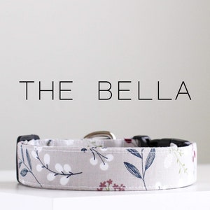 Cute Floral Flower Dog Collar, Gray Handmade Cotton Dog Collar &quot;The Bella&quot;