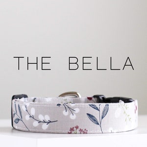 Cute Floral Flower Dog Collar, Gray Handmade Cotton Dog Collar "The Bella"