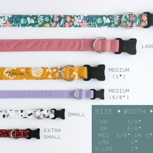 May include: Six dog collars in various patterns and colors, including floral, polka dot, and solid designs. Each collar features a black plastic buckle and a metal D-ring. A size chart is included, listing widths and lengths in inches for sizes XS through XL.
