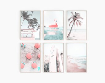 Beach Set Of 6 Prints | Pastel Pink Beach Art Set | Surfing Wall Art | Ocean Print Set