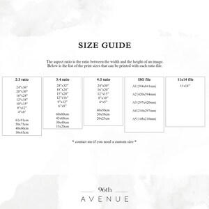 May include: A size guide for printing photos with different aspect ratios. The guide lists various print sizes in inches and centimeters, including 2:3, 3:4, 4:5 ratios, and ISO standard sizes. It also includes a 11x14 inch option. The text at the bottom reads "96th AVENUE".