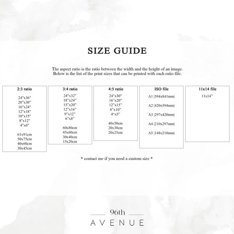 May include: A size guide for printing photos with different aspect ratios. The guide lists various print sizes in inches and centimeters, including 2:3, 3:4, 4:5 ratios, and ISO standard sizes. It also includes a 11x14 inch option. The text at the bottom reads "96th AVENUE".