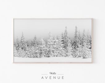 Könnte beinhalten: Ein Schwarzweißfoto einer verschneiten Waldszene. Die Bäume sind mit Schnee bedeckt und der Himmel ist bewölkt. Das Bild ist in einem einfachen Holzrahmen gerahmt.