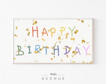 誕生日フレームテレビアート | ハッピーバースデー | Samsungフレームテレビアート | 誕生日テレビウォールアート | デジタル壁紙 | ゴールドコンフェッティ | 誕生日パーティー