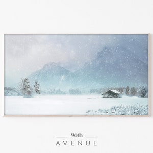 Samsung Frame TV Art | Log Cabin In Snowy Mountain Landscape Digital TV Art | Instant Download