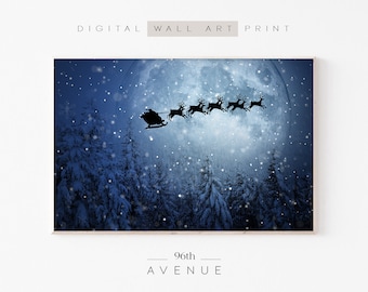 Santa Sleigh And Reindeers Prints | Nordic Christmas Print | Large Horizontal Wall Art | Downloadable Christmas Prints