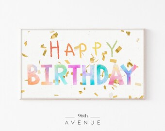 誕生日フレームテレビアート | ハッピーバースデー | Samsungフレームテレビアート | 誕生日テレビウォールアート | デジタル壁紙 | 誕生日パーティー | ゴールドの紙吹雪