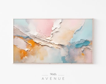 May include: Abstract art print featuring a pastel color palette of pink, blue, and orange hues. The artwork has a textured, layered appearance, with the text "96th AVENUE" at the bottom. The piece is framed in a light-colored wooden frame.