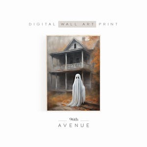 Arte murale della casa stregata / Dipinto di fantasmi carini / Decorazione murale della stagione spettrale / Stampa digitale di Halloween / Dipinto autunnale malinconico / Download immediato