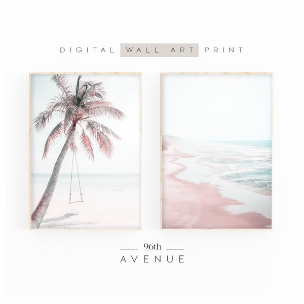 Beach Prints Set Of 2 | Downloadable Prints | Coastal Photography | Digital Download | Tropical Palm Tree Print | Blush Pink Wall Art