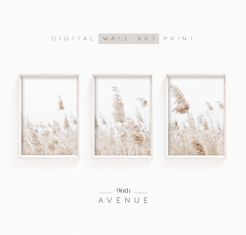 May include: Three framed prints of a field of tall, dried grasses in shades of beige and white. The prints are arranged in a row, with the middle print slightly larger than the other two. The text "96th AVENUE" is printed below the prints.