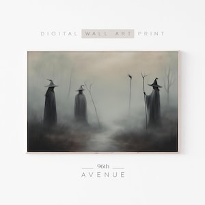 Baixe a arte digital "Três Bruxas" | Bruxas encantadoras e sombrias na floresta | Paisagem outonal melancólica para imprimir | Arte de parede digital com tema de outono