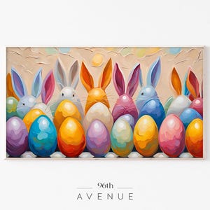 May include: An Easter-themed painting featuring a row of colorful Easter eggs and bunnies with various ear colors. The bunnies are white, orange, pink, and blue. The eggs are in shades of purple, blue, yellow, and pink. The text "96th AVENUE" is at the bottom.