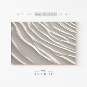 Könnte beinhalten: Abstrakter digitaler Wandkunstdruck mit einer Nahaufnahme von weißen Sanddünen mit weichen, fließenden Linien und einem hellgrauen Hintergrund.