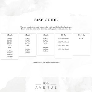 May include: A size guide for printing photos with different aspect ratios. The guide lists the standard print sizes in inches and centimeters, as well as ISO paper sizes in millimeters. The text also includes the phrase "96th Avenue".
