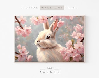 Cute Easter Bunny Painting Wall Art Digital Download | Pastel Pink Spring Rabbit Vintage Blossom Printable Art Print   #1102