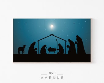 May include: A silhouette of the nativity scene with a bright star in the night sky. The scene includes Mary, Joseph, baby Jesus, a shepherd, and three wise men.