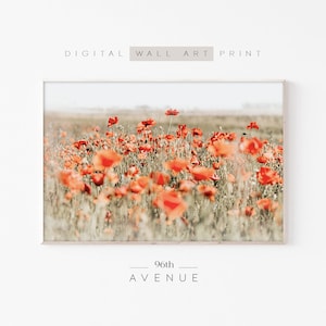 Field Of Poppies Print | Printable Wildflower Field Landscape Wall Art