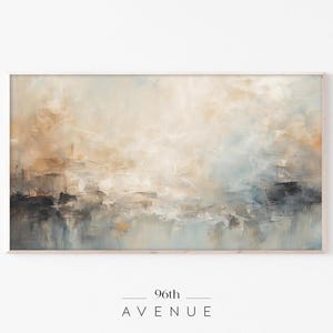 May include: Abstract painting in shades of beige, brown, and blue. The painting has a soft, dreamy feel and evokes a sense of peace and tranquility. The title "96th Avenue" is written in black at the bottom of the painting.