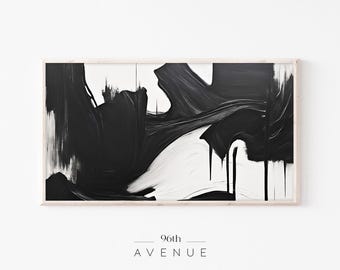May include: Black and white abstract painting with bold brushstrokes in a wooden frame. The painting is titled "96th AVENUE".