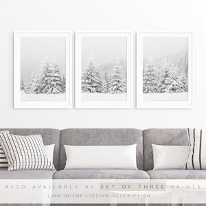 K&ouml;nnte beinhalten: Ein Set aus drei vertikalen Wandbildern in wei&szlig;en Rahmen, die jeweils eine schwarz-wei&szlig;e Winterlandschaft mit schneebedeckten Tannen zeigen. Der Text am unteren Rand lautet: ALSO AVAILABLE AS SET OF THREE PRINTS.